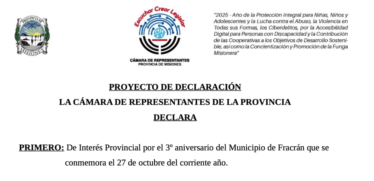 Imagen de portada para Buscan declarar de Interés Provincial el tercer aniversario de Fracrán
