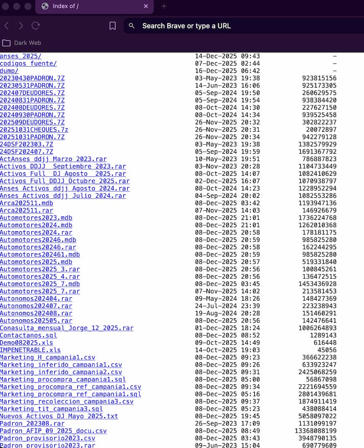 Captura de pantalla de la estructura de archivos filtrada, donde se observan bases de datos con fechas de finales de 2025.