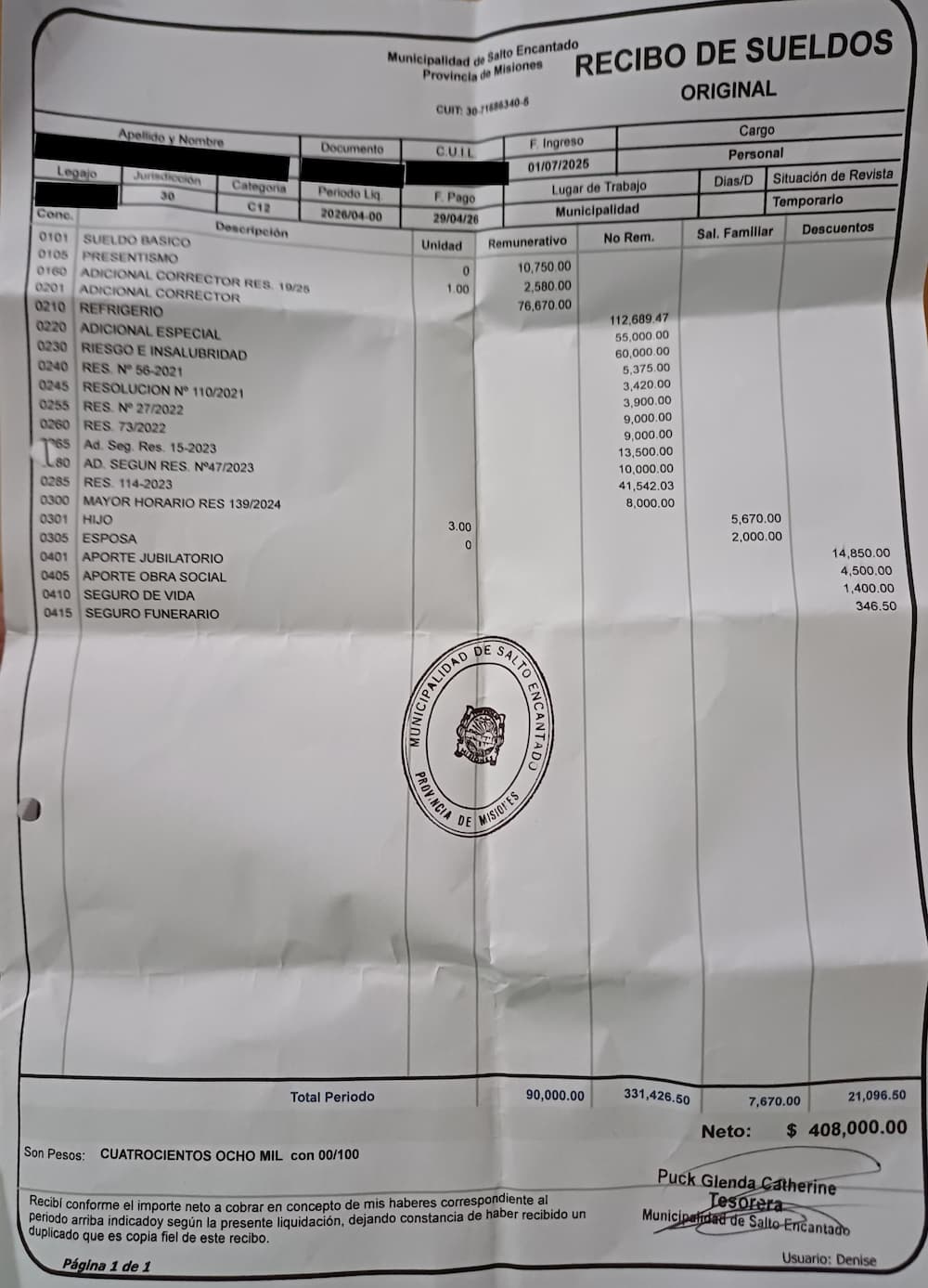 Recibo de sueldos de la Municipalidad de Salto Encantado, período abril 2026. Los datos personales del trabajador fueron tapados. Documento cedido por ATE Seccional 50.