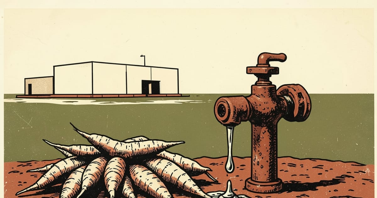 Ilustración editorial de portada sobre Mandioca: frenan el canon de agua, el IVA sigue sin fecha
