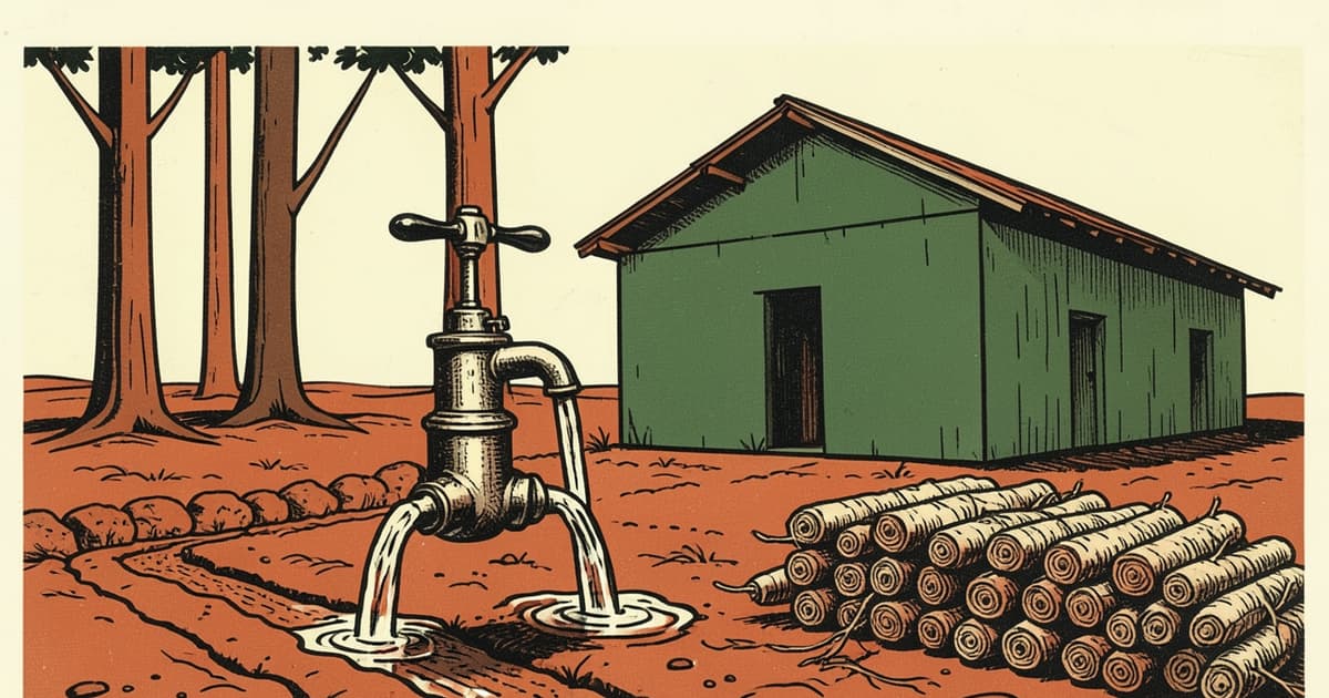 Ilustración editorial de portada sobre Agua: Misiones amplía el alivio, dudas para la mandioca