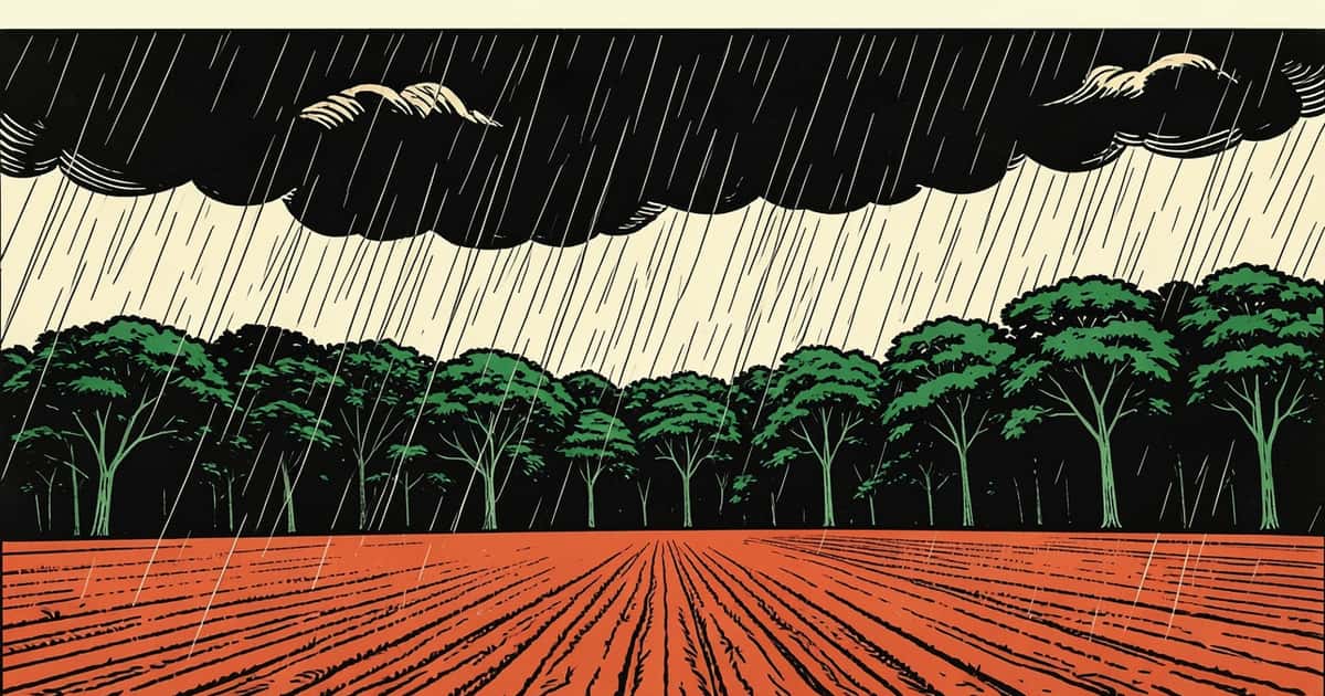 Ilustración editorial de portada sobre Fracrán: lluvias de agosto achican el déficit del año
