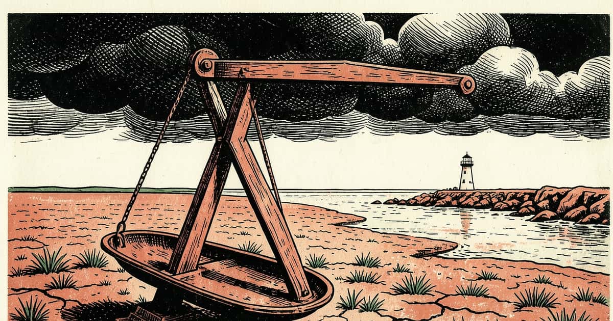 Ilustración linocut de una balanza inestable sobre un campo vacío, con un faro a la distancia junto al mar